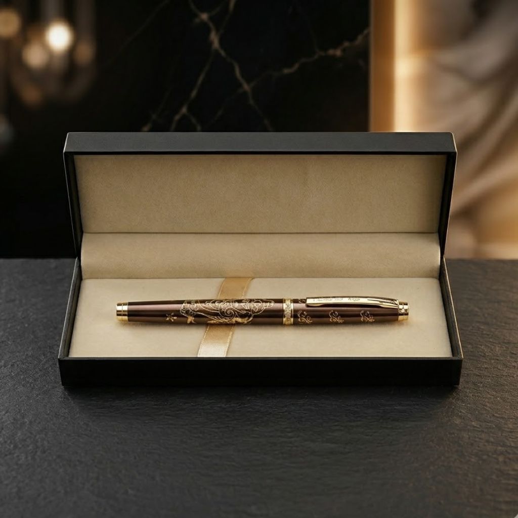 Ganesh Engraved Brown & Gold Metal Rollerball Pen with Premium Gift Box Smooth Blue Ink (Pack of 1)