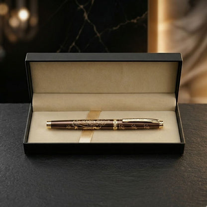 Ganesh Engraved Brown & Gold Metal Rollerball Pen with Premium Gift Box Smooth Blue Ink (Pack of 1)