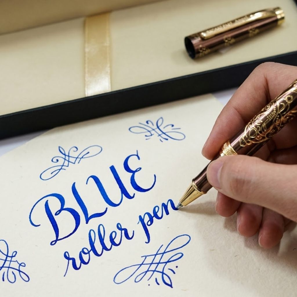 Ganesh Engraved Brown & Gold Metal Rollerball Pen with Premium Gift Box Smooth Blue Ink (Pack of 1)
