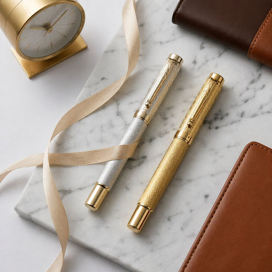 Premium Silver & Gold Textured Metal Rollerball Pen with Premium Gift Box Smooth Blue Ink (Pack of 1)