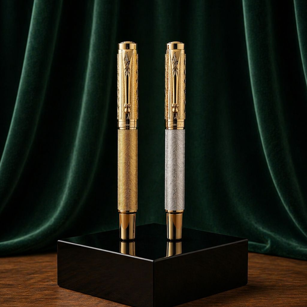 Premium Silver & Gold Textured Metal Rollerball Pen with Premium Gift Box Smooth Blue Ink (Pack of 1)