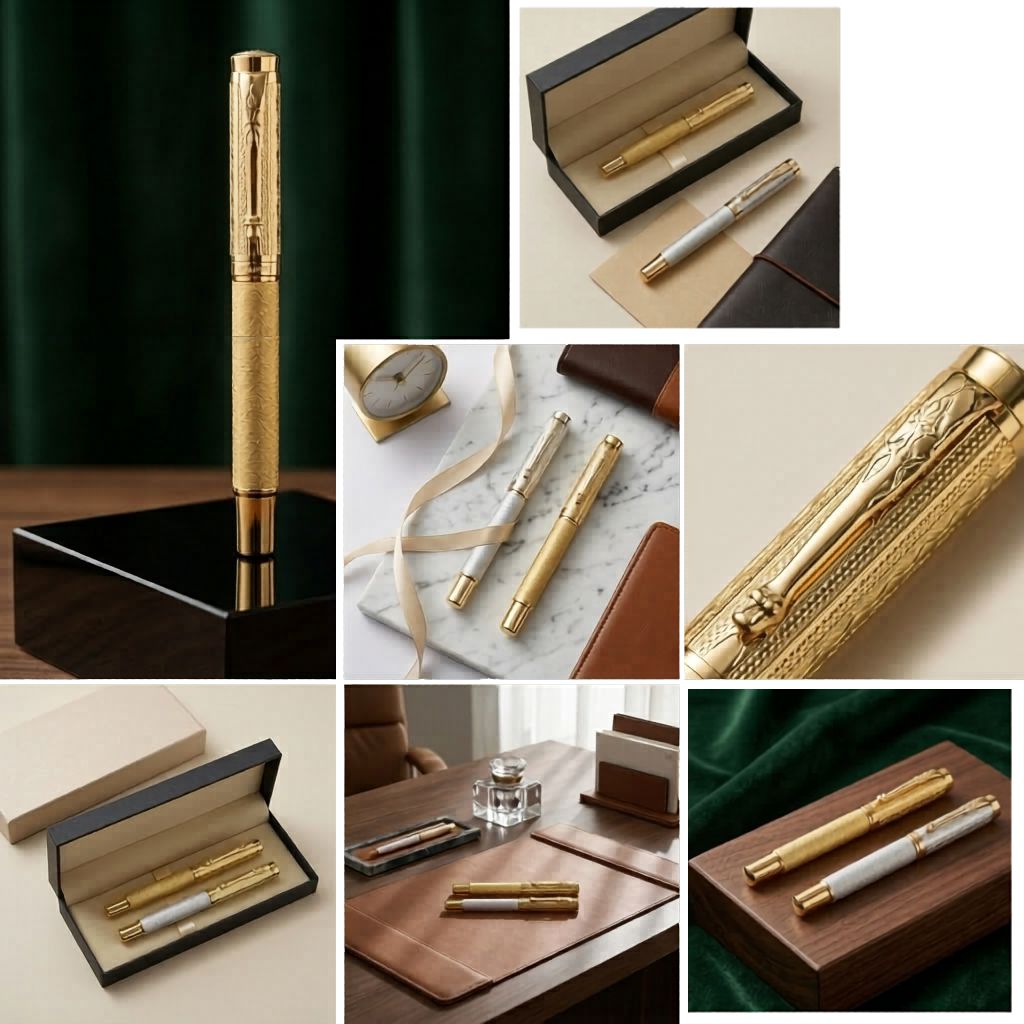 Premium Silver & Gold Textured Metal Rollerball Pen with Premium Gift Box Smooth Blue Ink (Pack of 1)