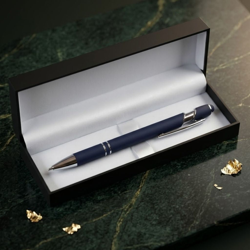 Premium Navy Blue Metal Ballpoint Pen with Stylus & Gift Box - Blue Ink (Pack Of 1)