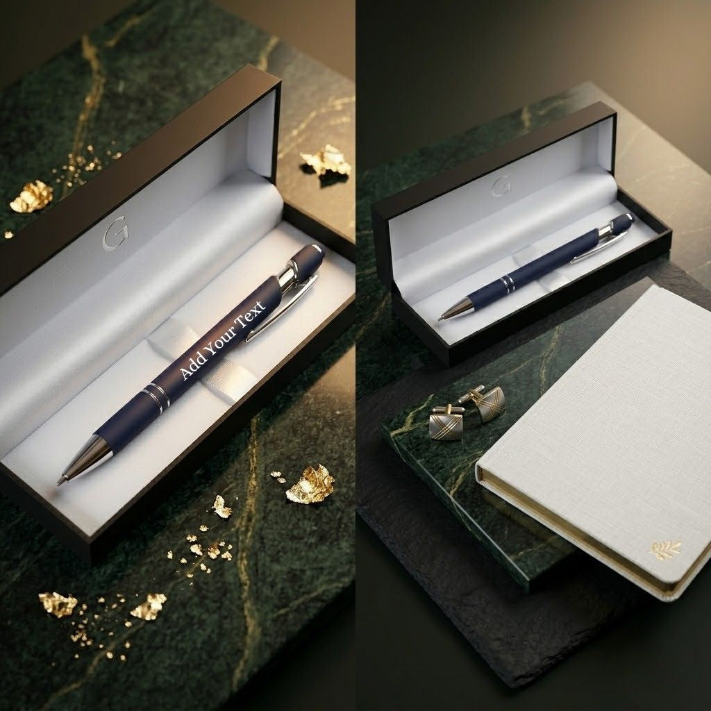 Premium Navy Blue Metal Ballpoint Pen with Stylus & Gift Box - Blue Ink (Pack Of 1)